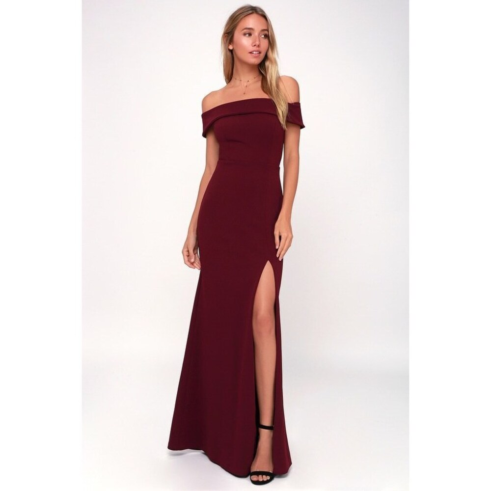 Lulus Aveline Burgundy Off-the-shoulder Maxi Dress Purple - Size L